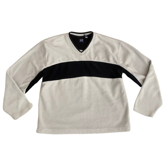 Vintage Gap Men’s Fleece V Neck Pullover Gray Black Stripe XL 90s Y2K Skater - Picture 1 of 5